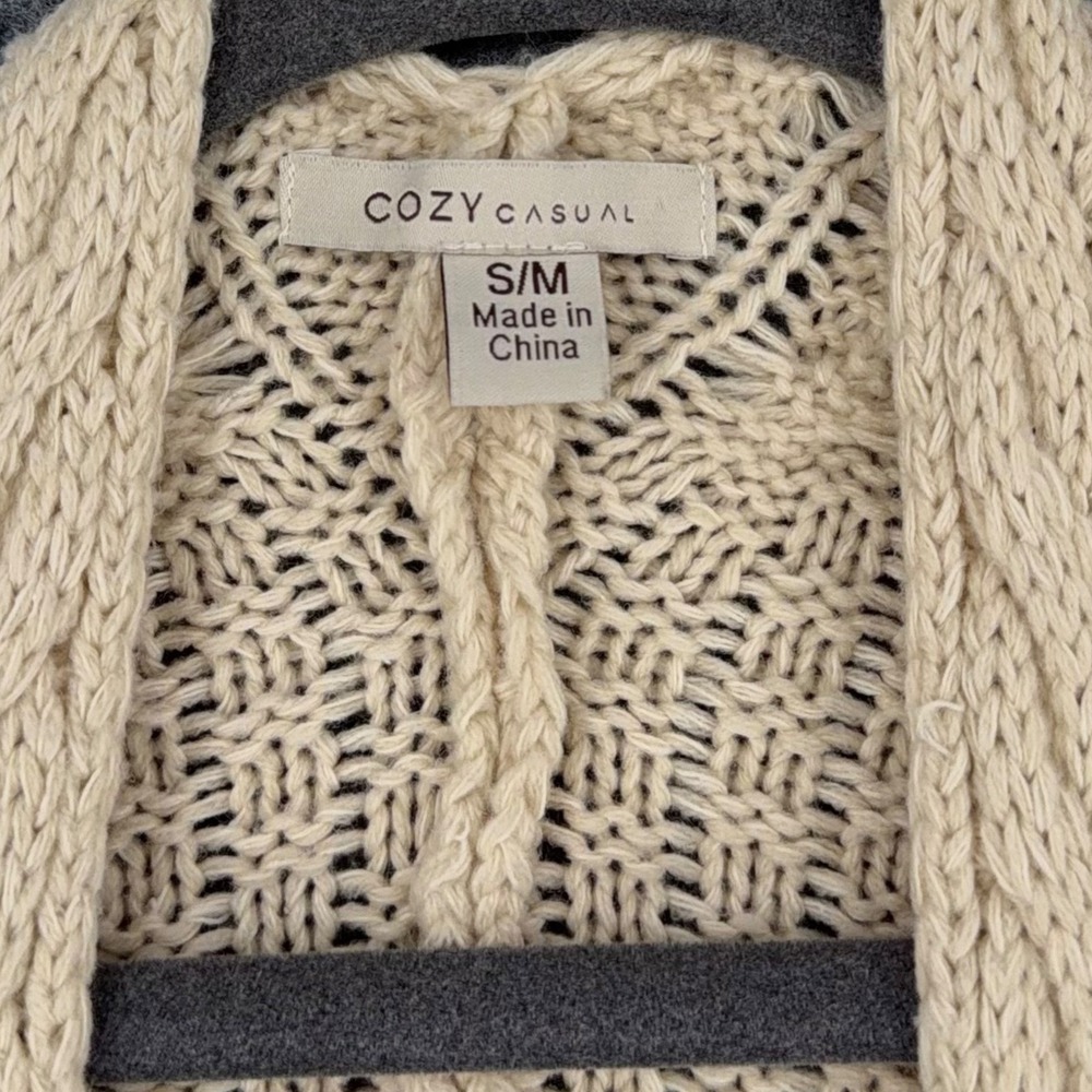 Cozy Casual Cream Cable‎ Knit Open Front Long Sleeve Cardigan Sweater S M - Picture 3 of 6